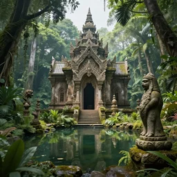 medieval temple in fantasy jungle, pond, statue, sculpture