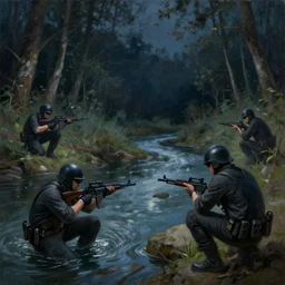 mafia smuggling guns at the river, in the woods, at night, oil painting, artstation