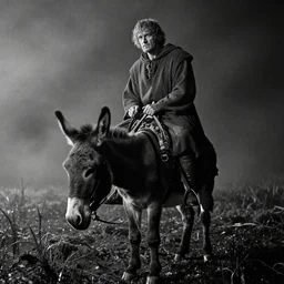 a movie still by tarkovsky of a big giant man in medieval clothes on a donkey in a swamp mossy, by night, cinestill 8 0 0 t 3 5 mm b & w, heavy grain, high quality, noir, natural textures, photorealistic, ambient occlusion, hd, mud, fog, criterion collection
