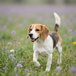 white and brown beagle dog playing a flowery field by Hsiao-Ron Cheng