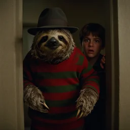a sloth wearing a red and green striped jumper and fedora lurking in the shadows behind a scared teenager, claws visible, eerie lighting, film still