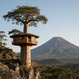 a modern treehouse made on the side of a cliff in madagascar, baobab tree, next to an enormous volcano, artstation, an epic fantasy, cinematic lighting, photographic, hyper realistic, photographic, sharp focus, by greg rutkowski and wolp, artgerm