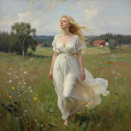 mysterious blonde woman in hot dress in the swedish countryside, freedom, scenic, beautiful, masterpiece, highly detailed, painting by vladimir volegov