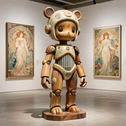 octane render ultra photorealistic hyper detailed, a very very sculpture cute wooden and ceramic mystical statue robot of the roman organiquecyberpunk a contemporary art gallery in neo tokyo artwork alphonse mucha and wlop and chamberlain john
