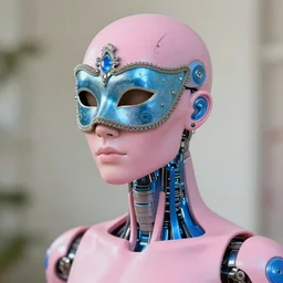 natural light, soft focus portrait of a male android with soft synthetic pink skin, blue bioluminescent plastics, smooth shiny metal, elaborate ornate head piece, piercings, venetian mask, skin textures, by annie liebovotz,