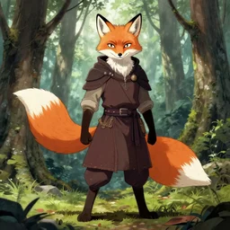 a medieval anthropomorphic fox assassin with a fluffy tail in the forest, manga