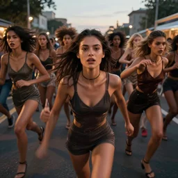 realistic photo first person perspective, supermodels stampede towards camera, attacking and chasing me, dramatic lighting, early evening, professional photography, high detail, cinematic lighting, unreal engine
