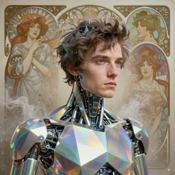 A portrait of Thom Yorke as a cyberpunk android, iridescent geometry, surrounded by fractal dust, highly detailed, intricate, soft, sci-fi, sharp focus, subsurface scattering, art by Caravaggio, Greg rutkowski, Moebius, Greg Rutkowski, Alphonse Mucha, Norman Rockwell, Tom Bagshaw.