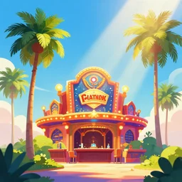 a casino on a hill with palmtrees, brightly illuminated by rays of sun, artstation, colorful sylvain sarrailh illustration