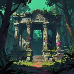 ancient ruins in the forest, epic retrowave art, vaporwave, synthwave, trending on art station