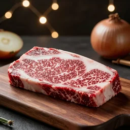 of wagyu beef, presentation, japanese, onions, photograph, bokeh