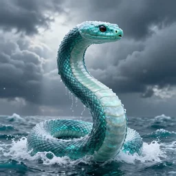 giant serpent made of water, made of liquid, rising up from ocean, water armor, high detail, high contrast, close up portrait, studio lighting, stormy seas, beautiful, bokeh, snowy, storm clouds, god rays, d & d, fantasy, elegant, aquamarine color palette, concept art, roger deakins and greg rutkowski and alphonse mucha