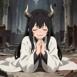 cute japanese girl with small horns, sharp and pointy vampire teeth, dressed in an old white coat, praying on the floor of a destroyed church, with her eyes and mouth closed and a smile, detailed artwork by Takehito Harada