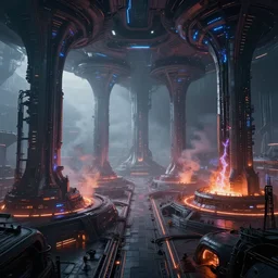 a minimalist scifi curilinear brutalist futuristic alien spaceship factory planet iron forge smelting pits with neon lights, biomechanical columns of glowing plasma smoke, high dynamic range, ilm, star citizen halo, mass effect, bladerunner, elysium