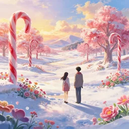 an epic makoto shinkai and renoir landscape with a snowy fantasy landscape, candycane trees, candy flowers, candy land, golden hour, 🌺, ultra smooth, lois van baarle, ilya kuvshinov, unreal engine, blender, trending on artstation, suntur, caleb worcester, highly detailed, photorealism, bloom effect 8 k