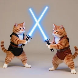 1 9 8 0's color photo of ginger cats in star wars costumes, fighting with light sabers