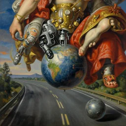 a baroque neoclassicist renaissance close - up of robotic bouncing balls on a highway. highly detailed fantasy science fic tion painting by moebius, norman rockwell, frank frazetta, and syd mead. rich colors, high contrast. artstation
