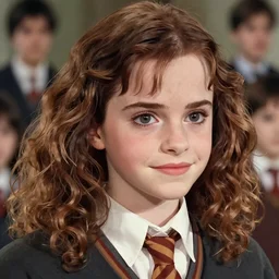 Anime as Emma Watson playing Hermione Granger. Cute fine face. Pretty face. Cute smile. Realistic shaded. Perfect face. Fine details. Anime. Realistic shaded lighting. Ilya Kuvshinov. Katsuhiro Otomo. Yusuke Murata!!!! Ghost in the shell. Magali Villeneuve. artgerm. Jeremy Lipkin. Michael Garmash. Rob Rey,