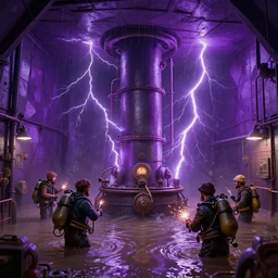flooded boiler room of a ship, victorian alchemists, old scuba, sparks, electrical shocks, lightning bursts, water dripping from ceiling, purple color scheme, polygonal iron steel walls, by peter mohrbacher dan mumford craig mullins nekro, cgsociety, pixiv, volumetric light, 3 d render