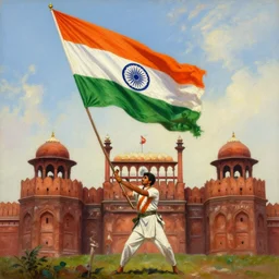 a cinematic dramatic scene of indian freedom fighters hoisting a colossal indian flag on top of red fort, 1 9 4 7. oil on canvas, by vito acconci, by greg rutkowski, trending on artstation, featured on pixiv, masterpiece, oil painting, cinematic composition, brilliant lighting, highly detailed, hd, 8 k