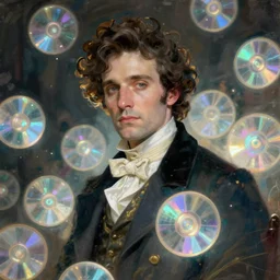 swarm of glowing iridescent discs, victorian man