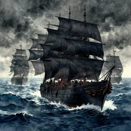 Dark surreal ships on wild ocean, watercolor, dramatic lighting, cinematic, establishing shot, extremely high detail, foto realistic, cinematic lighting, digital art, vector, by Yoshitaka Amano, Ruan Jia, Kentaro Miura, Artgerm, post processed, concept art, artstation, matte painting, style by eddie mendoza, raphael lacoste, alex ross