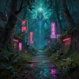 a beautiful hyperdetailed painting of walkway abandoned by albert bierstadt, cosmic assassin's creed water san andreas universe forest vaporwave neon signs postcyberpunk laser apocalyptic retro at night nightvision extraterrestial futuristic magic realism matte painting vice city reclaimed by nature, archdaily, wallpaper, highly detailed, trending on artstation.
