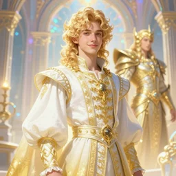 fullbody portrait of a young hero with curly blond hairs, soft smile, baroque cloth, luminous scene, final fantasy and legue of legends champion, by greg rutkowski and alphonse mucha, gradient white to gold, in front of an iridescent magical building background, highly detailed portrait, digital painting, smooth, focus illustration