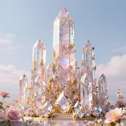 towering crystal city made of diamond and rose quartz with gold decoration, surrounded by flowers. trending on artstation.