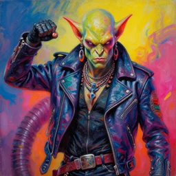 a portrait of an apocalyptic scifi orcish biker character standing in a dynamic pose, psychedelic vibrant colors, futuristic punk rock fashion, oil painting by michael whelan art, perfect face, sharp focus, detailed eyes, realistic, leather jacket, 8 0 s glam, 8 k