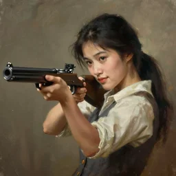 a full figure Portrait of a beautiful asian girl shooting a gun by Norman Rockwell