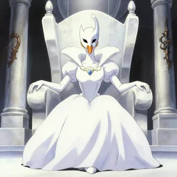 a queen dressed as a white swan, wearing a swan mask, sitting in her white stone throne room, anime film still from the an anime directed by katsuhiro otomo with art direction by salvador dali, wide lens