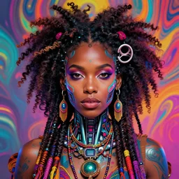 colorful portrait of a futuristic black woman hippie with cybernetics and a natural hair style | highly detailed | very intricate | symmetrical | professional model | cinematic lighting | award - winning | painted by rossdraws and wlop and artgerm | pan futurism, dystopian, bold psychedelic colors, cyberpunk, anime aesthestic | featured on artstation