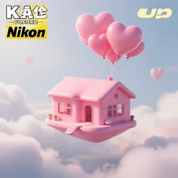 a 5 0 mm lens photograph of a cute pink floating modern house, floating in the air between clouds, inspired by the movie up, held up from above by heartshaped ballons. mist, playful composition canon, nikon, award winning, photo of the year