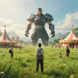 A endless beuatiful meadow with I giant in the fairground by Greg Rutkowski, Sung Choi, Mitchell Mohrhauser, Maciej Kuciara, Johnson Ting, Maxim Verehin, Peter Konig, final fantasy , 8k photorealistic, cinematic lighting, HD, high details, atmospheric,