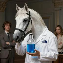 an aristocratic white horse dressed as a scientist holds a modern transparent the north face little bottle filled with vivid blue iridescent liquid, art highly detailed, by frank frazetta, keith parkinson and greg rutkowski and aleksandra skiba, concept art,
