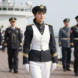 Young Mongolian female Navy Admiral wearing a mess jacket, white waistcoat, gold-laced trousers, and a peaked cap, on the deck of a ship