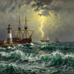 giant waves in the harbor, lighthouse, galleon, ships, lightning, yellow glow, green water, in the style of Hovhannes Aivazovsky, Zdzislaw Beksinski and Canaletto, highly detailed, soft lighting, film grain, medium format, 8k resolution, oil on canvas
