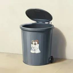 full view, from a distance, of an anthropomorphic trashcan, style of yoshii chie and hikari shimoda, highly detailed