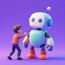 a photorealistic 3 d render made in blender of a colourful friendly robot being poked by a man with a stick. background is a purple gradient