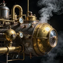 steampowered spaceship in space. Brass pipes and weathered metal. Dials and steam, water tanks. Ultradetailed concept by giger