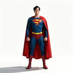 cheerful superhero in cape, cinematic studio photo, full body, standing, isolated on a pure white background, centered, whole figure in frame, sharp focus, studio lighting