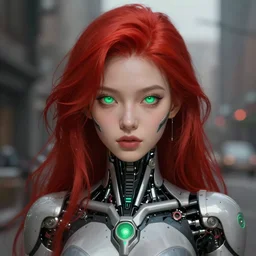 a portrait of a beautiful cyborg girl, red hair, glowing green eyes, urban motifs, intricate, elegant, highly detailed, digital painting, trending on artstation, concept art, smooth sharp focus, illustration, art by james jean and zdzisław beksinski