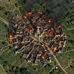 burning village, satellite view, dark ages, medieval, fantasy, dnd, realistic, artstation, photographic