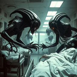 big budget science fiction movie mutant alien shapeshifters set in a trashed war torn hospital high energy fight scene between bizarre disturbing slimy wet terrifying alien life forms and doctors wearing gas masks on hospital beds dramatic lighting chiaroscuro