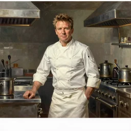 Gordon Ramsay wearing a chef uniform in a kitchen, medium full shot, medium long shot, oil painting, classicism style