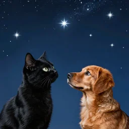 black cat and brown dog looking at the stars together, hyperdetailed, artstation, cgsociety, 8 k