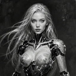 ultra realist soft painting of a single attractive cyborg female sillicon cyborg skin armored, with thin lustrous long hair floating, photorealistic eyes render, looking at camera, curiosities carnival, symmetry accurate features, very intricate details, focus, dark fantasy background, black and white, curvy, artstyle Tom Bagshaw