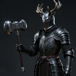 a knight of the seven kingdoms with black armor and a stag's head helm holding a war hammer. digital arm