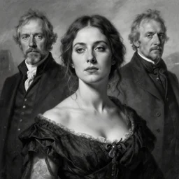 Portrait of a powerful woman by Ferdinand Keller and Arnold Böcklin and Jean-Auguste-Dominique Ingres and Michael Whelan and Albert Bierstadt, black and white, moody atmosphere, cinematic atmospheric, artstation, high definition